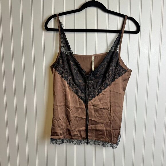 Anthropologie Brown Silky Camisol Black Lace Accent I25 - Picture 1 of 7